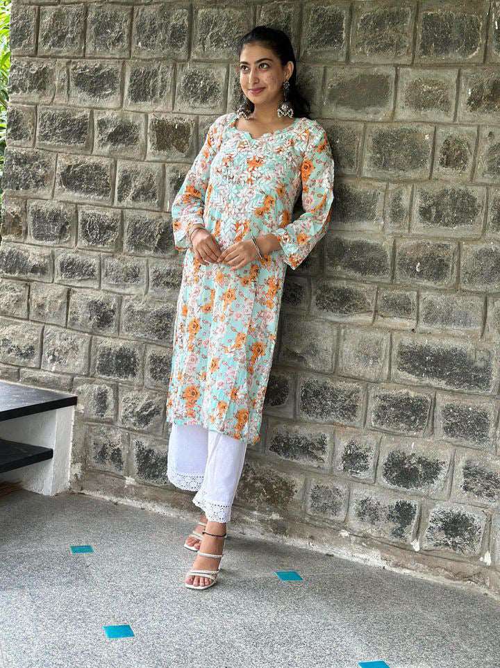 Flowery Mint Green Cotton Kurta with White Chikankari Embroidery
