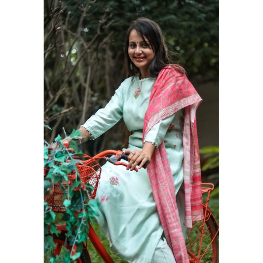 Light Cyan Embroidered Silk Suit Set