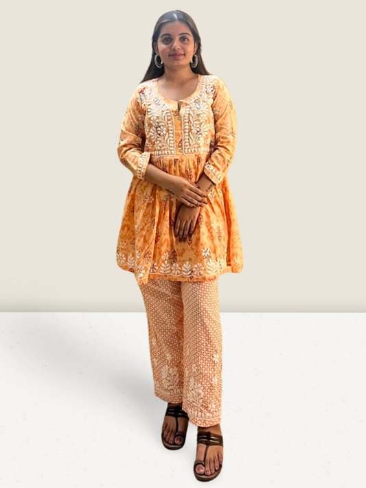 Orange Cotton Embroidered Co-ord Set