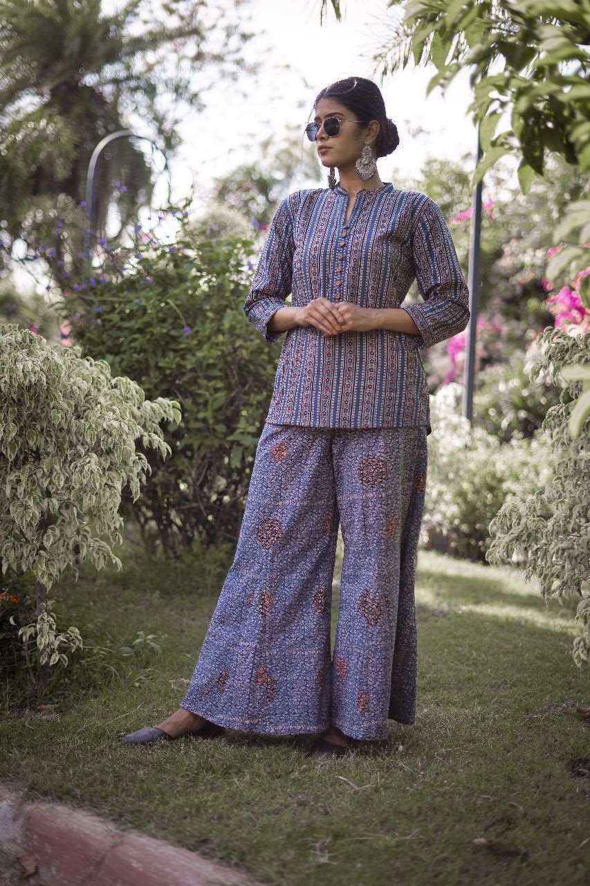 Blue Cotton Set with Ajrakh Hand Block-Print