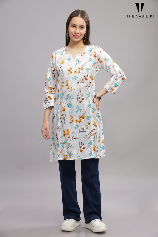White Mulmul Cotton Chikankari Short Kurti with Blue Florals