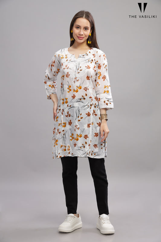 White Mulmul Cotton Chikankari Short Kurti with Maroon Florals