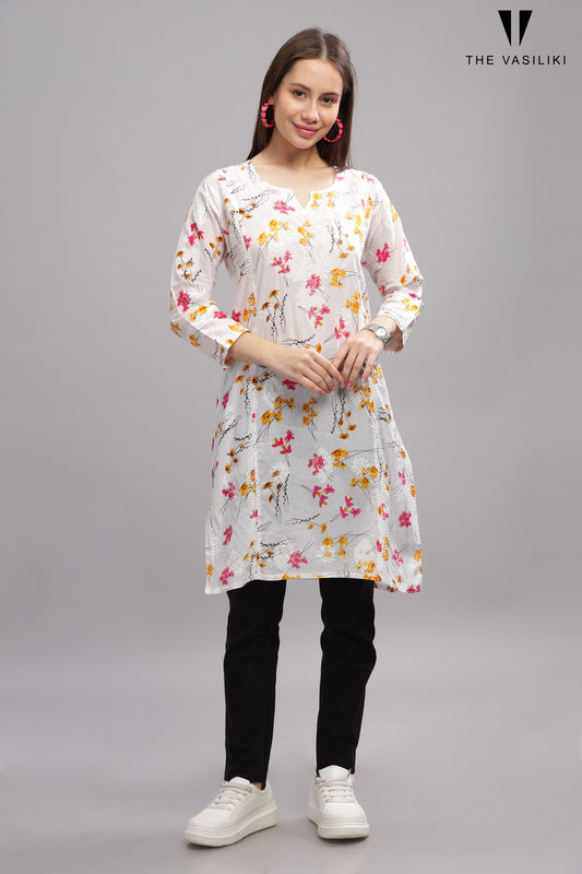 White Mulmul Cotton Chikankari Short Kurti with Pink Florals
