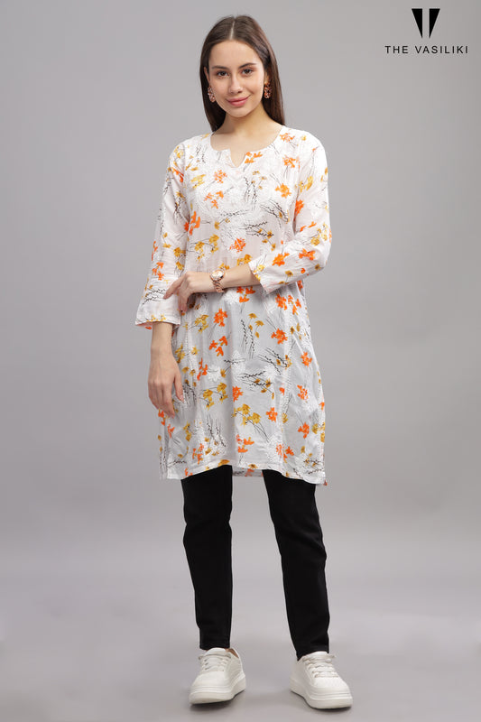 White Mulmul Cotton Chikankari Short Kurti with Orange Florals