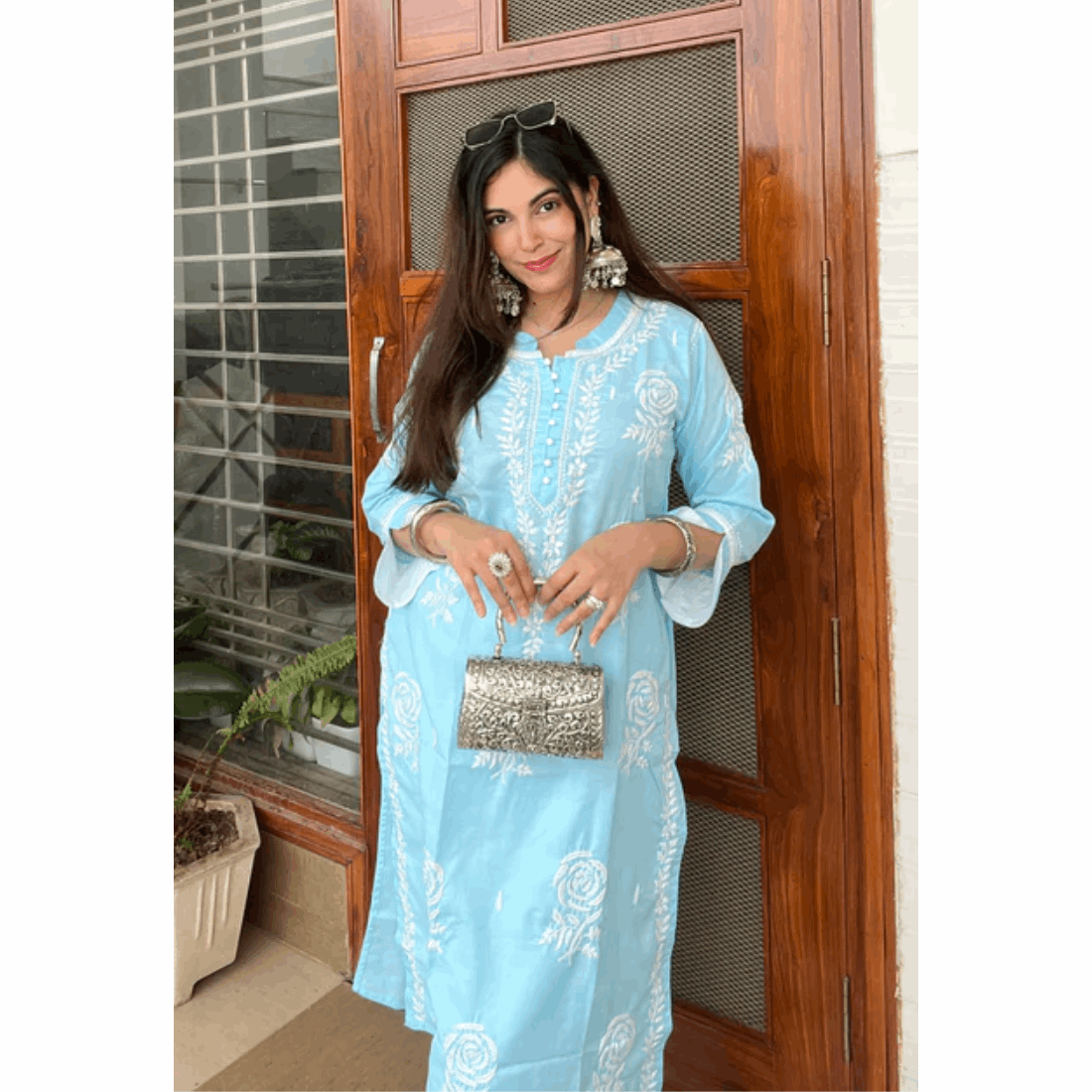 Blue Cotton Chikankari Kurta