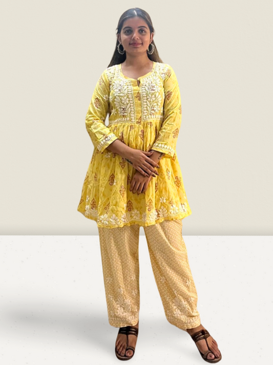 Yellow Cotton Embroidered Co-ord Set