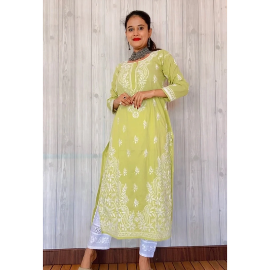Green Cotton Chikankari Kurta