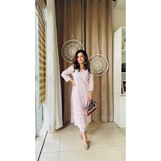 Pink Cotton Chikankari Kurti
