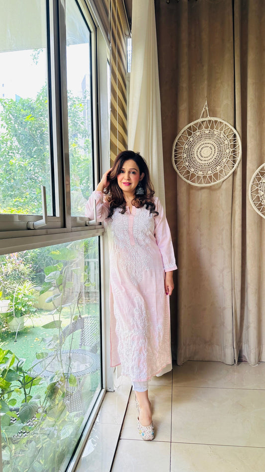 Pink Cotton Chikankari Kurti