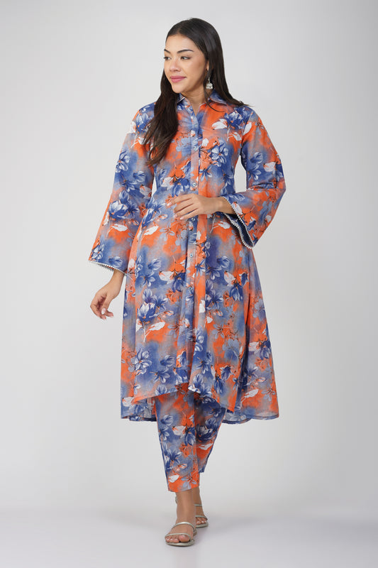 Blue Floral Printed Cotton Kurta Set