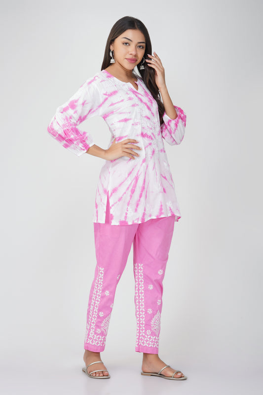 Pink Tie - Dye Cotton Embroidered Co-ord Set