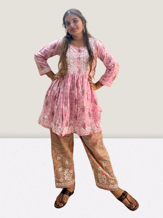 Pink Cotton Embroidered Co-ord Set