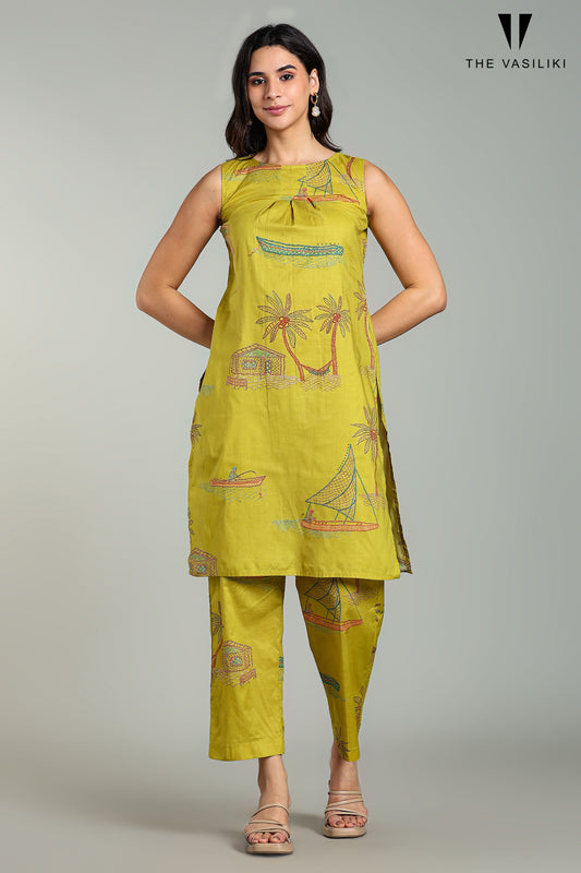 Printed Tropical Yellow Kurta Set