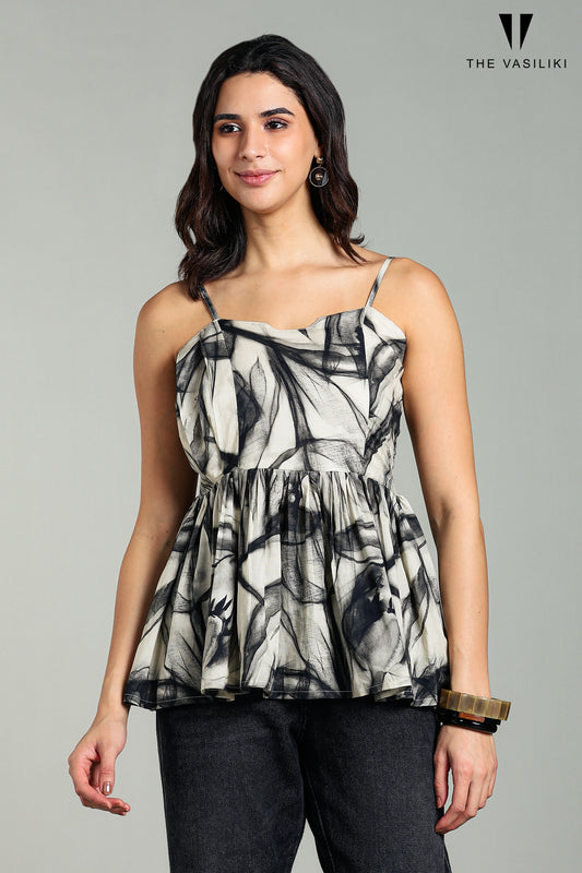 Printed White Black Top