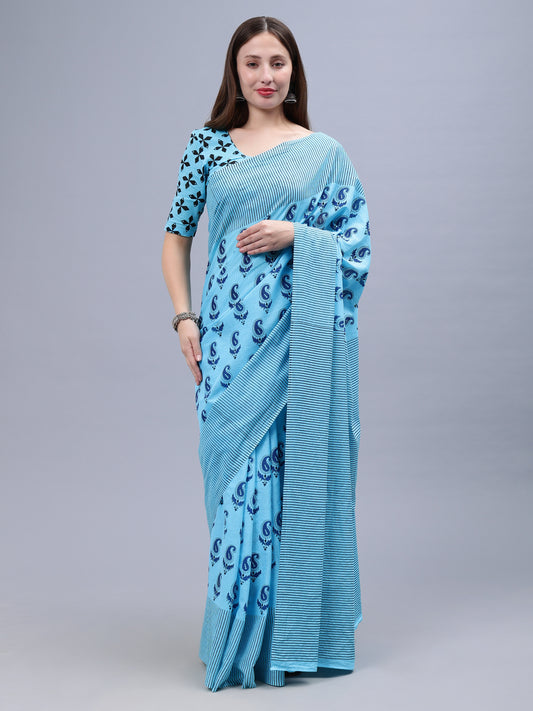 Sky Blue Printed Malmal Cotton Saree