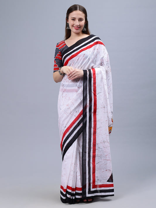 White Printed Malmal Cotton Saree