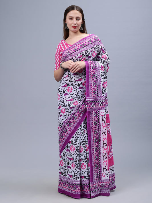 Purple Printed Malmal Cotton Saree