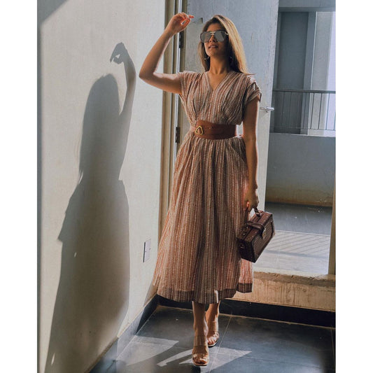 V Neck Brown & White Stripe Dress