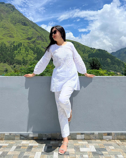 White Cotton Embroidered Co-ord Set