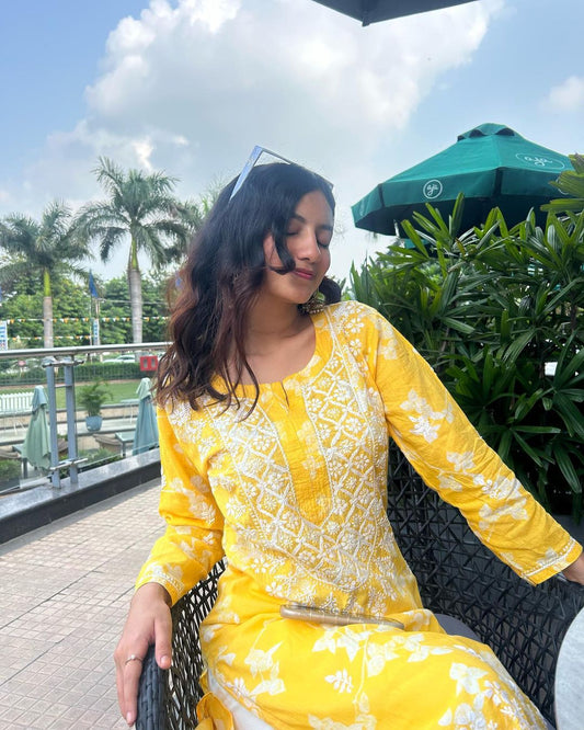 Yellow Mulmul Cotton Chikankari Kurta