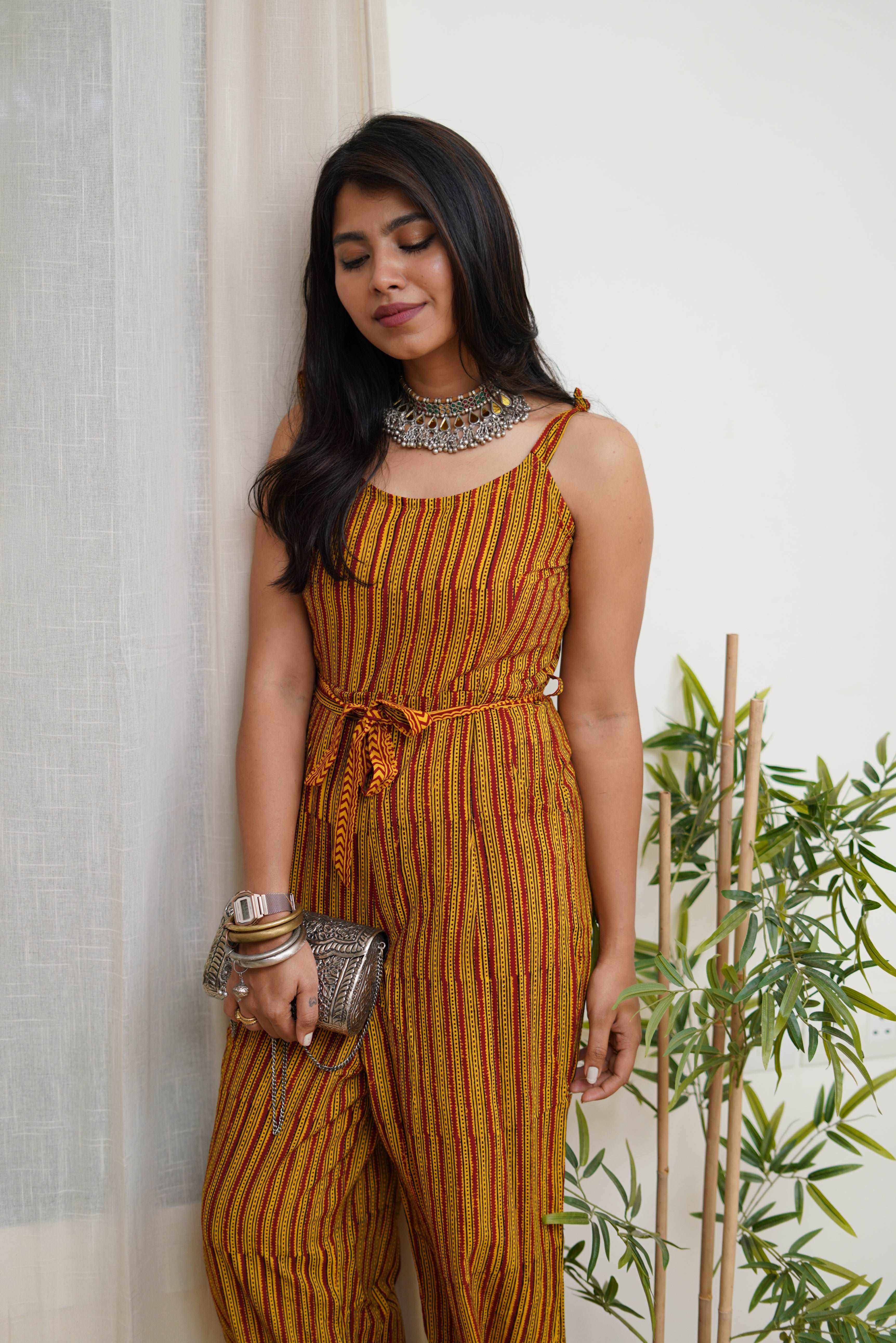 COTTON YELLOW-RED STRIPPED PANTSUIT WITH BAGH HAND-BLOCK PRINT