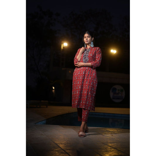 Red Ajrakh Hand-Block Print Cotton Pants