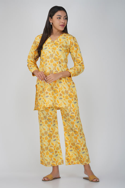 Yellow Floral Printed Cotton Co-ord Set