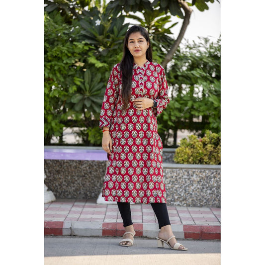 Sangria Red Sanganeri Hand Print Kurti