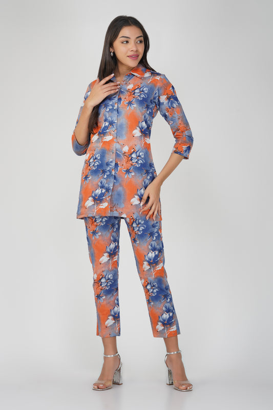 Blue with Orange Print Cotton Co-ord Set