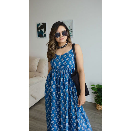 Spaghetti Strap Blue Sanganeri Print Dress