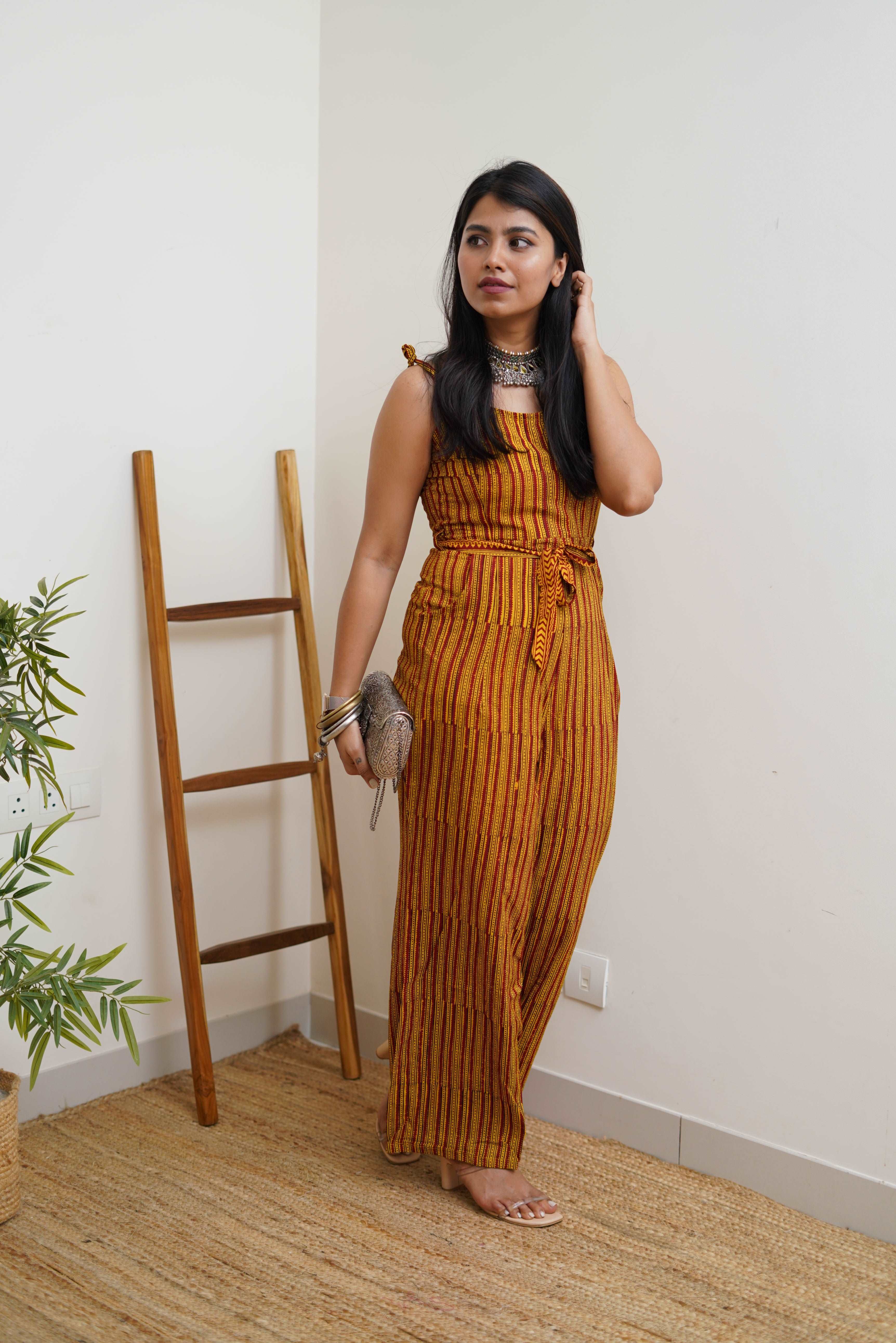 COTTON YELLOW-RED STRIPPED PANTSUIT WITH BAGH HAND-BLOCK PRINT