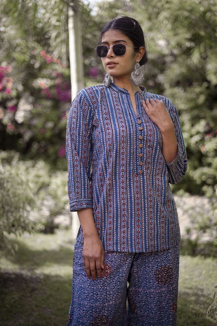 Blue Cotton Set with Ajrakh Hand Block-Print