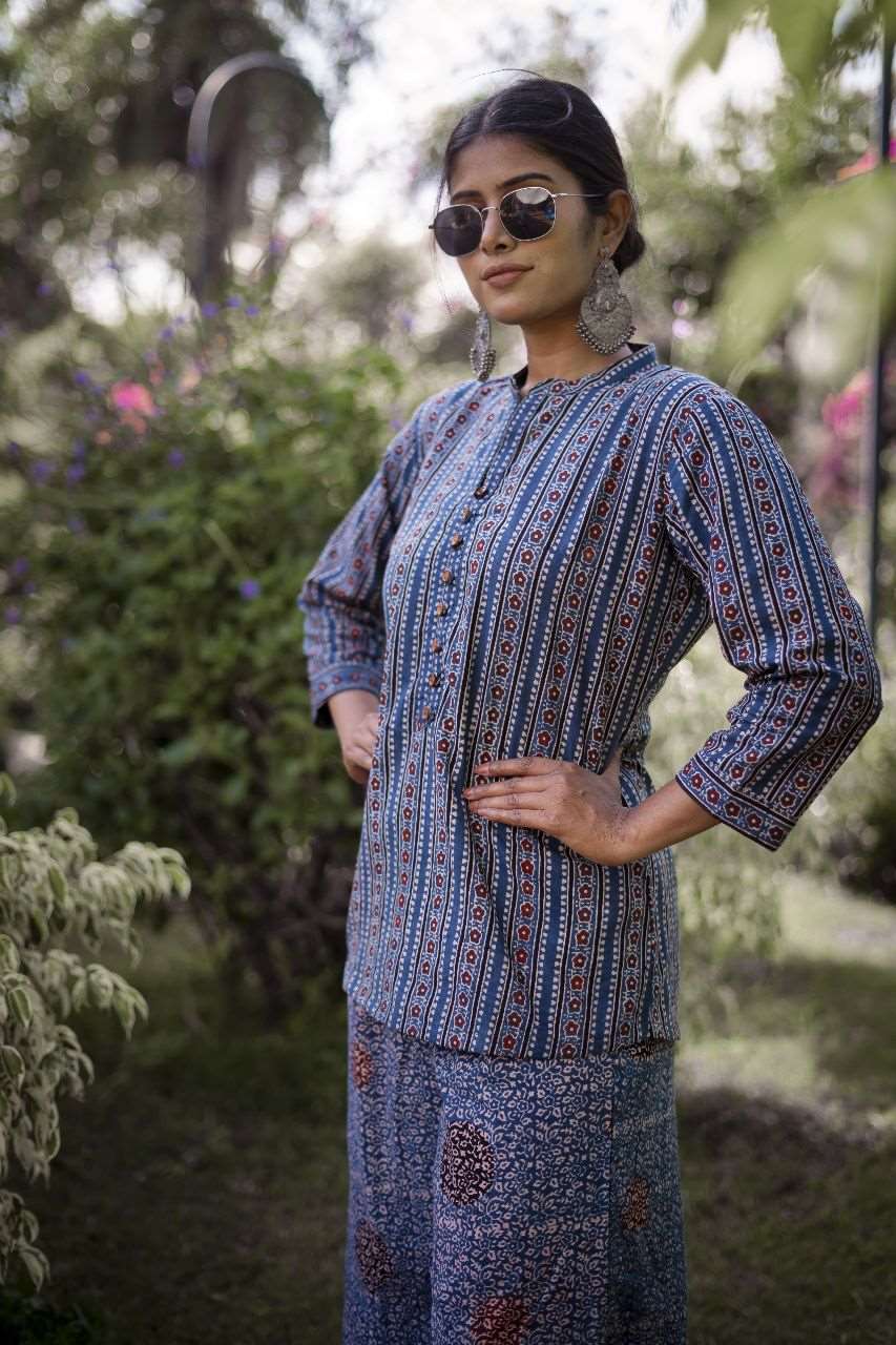 Blue Cotton Set with Ajrakh Hand Block-Print