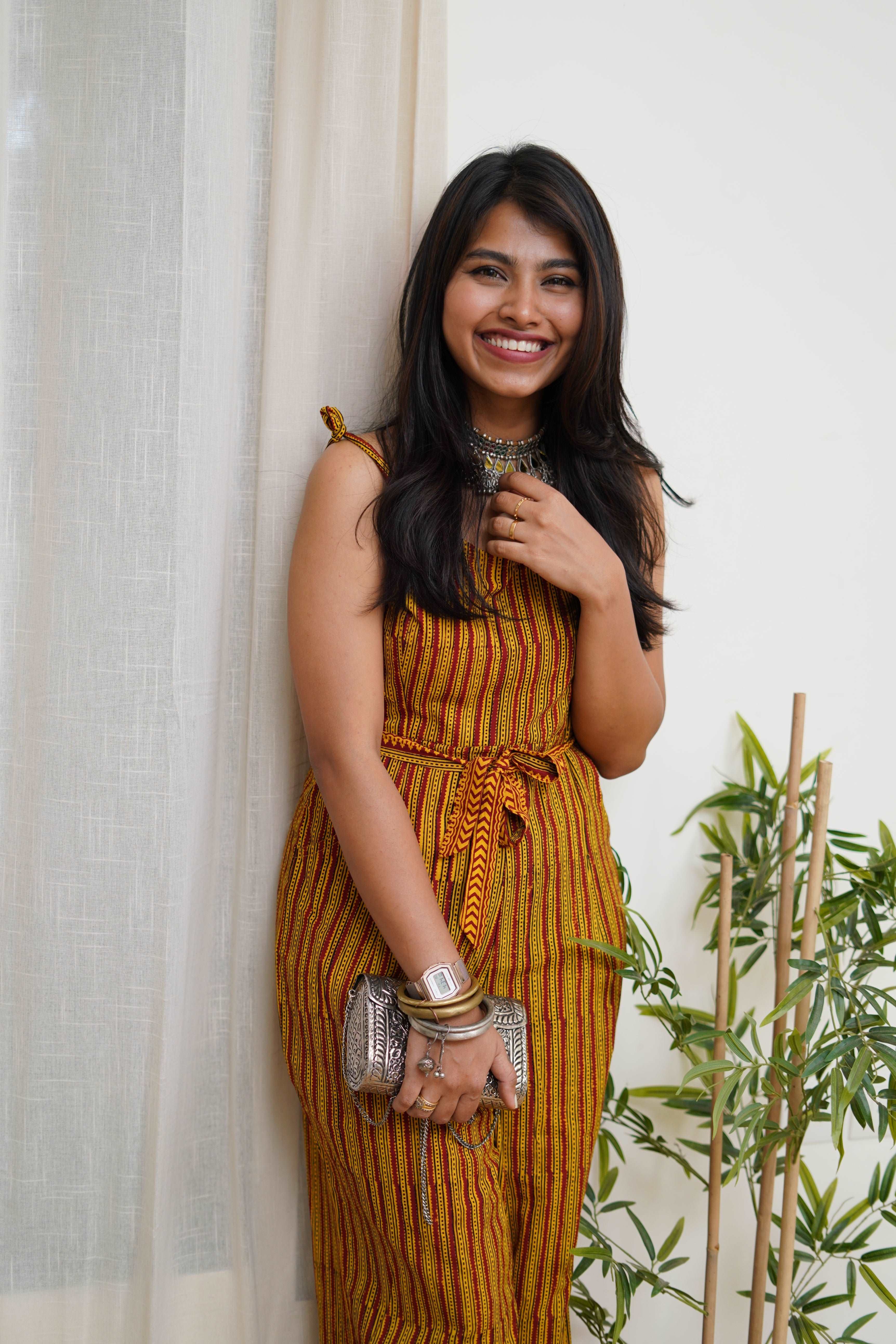 COTTON YELLOW-RED STRIPPED PANTSUIT WITH BAGH HAND-BLOCK PRINT