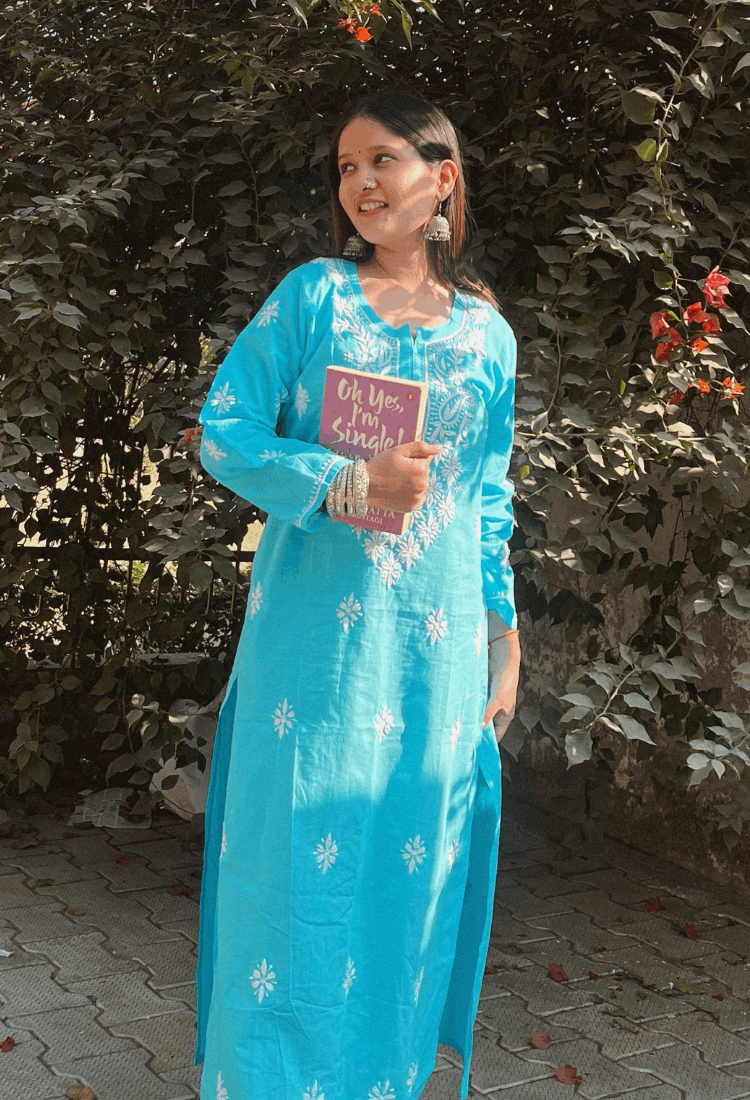 AZURE BLUE COTTON CHIKANKARI KURTA