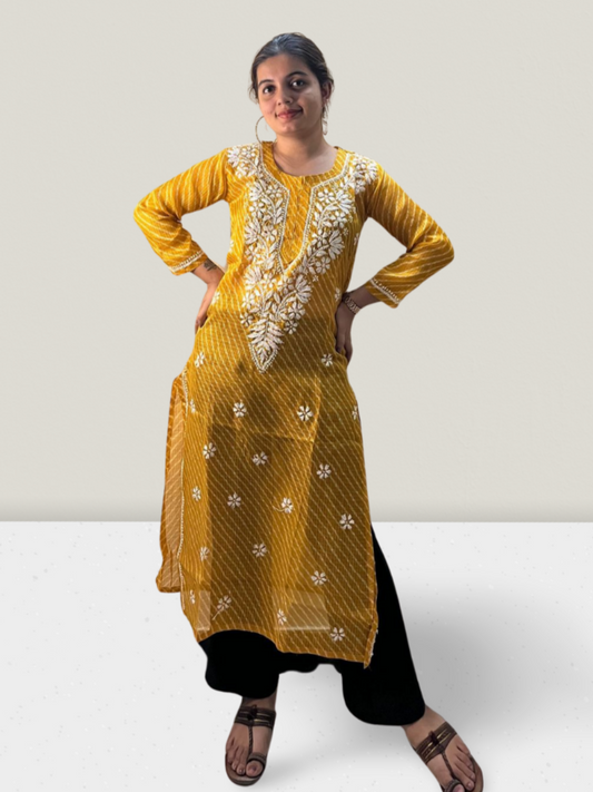 Yellow Lahariya Kota Cotton Chikankari Kurti