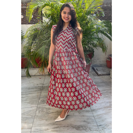 Sangria Red Print V Neck Dress