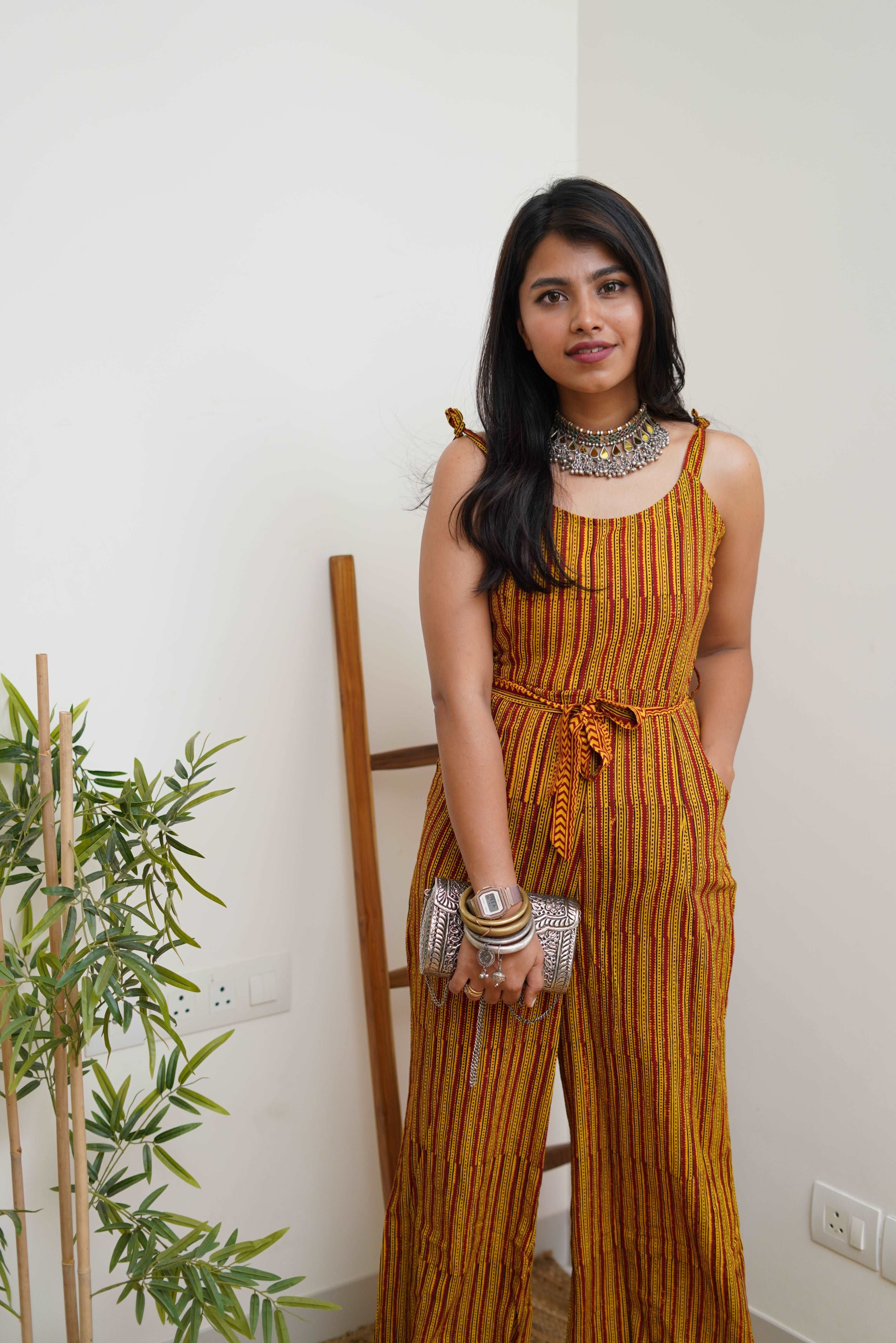 COTTON YELLOW-RED STRIPPED PANTSUIT WITH BAGH HAND-BLOCK PRINT