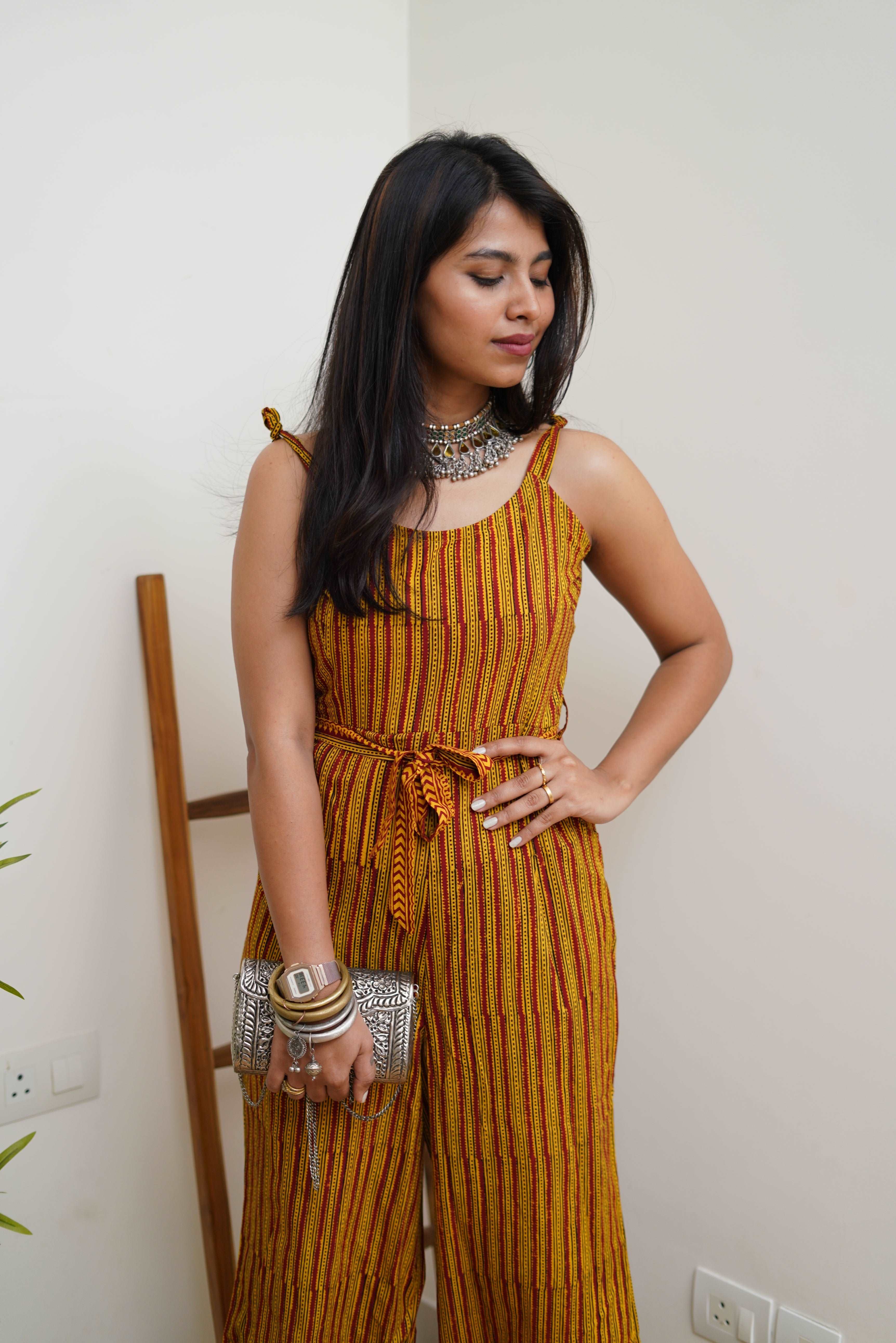 COTTON YELLOW-RED STRIPPED PANTSUIT WITH BAGH HAND-BLOCK PRINT