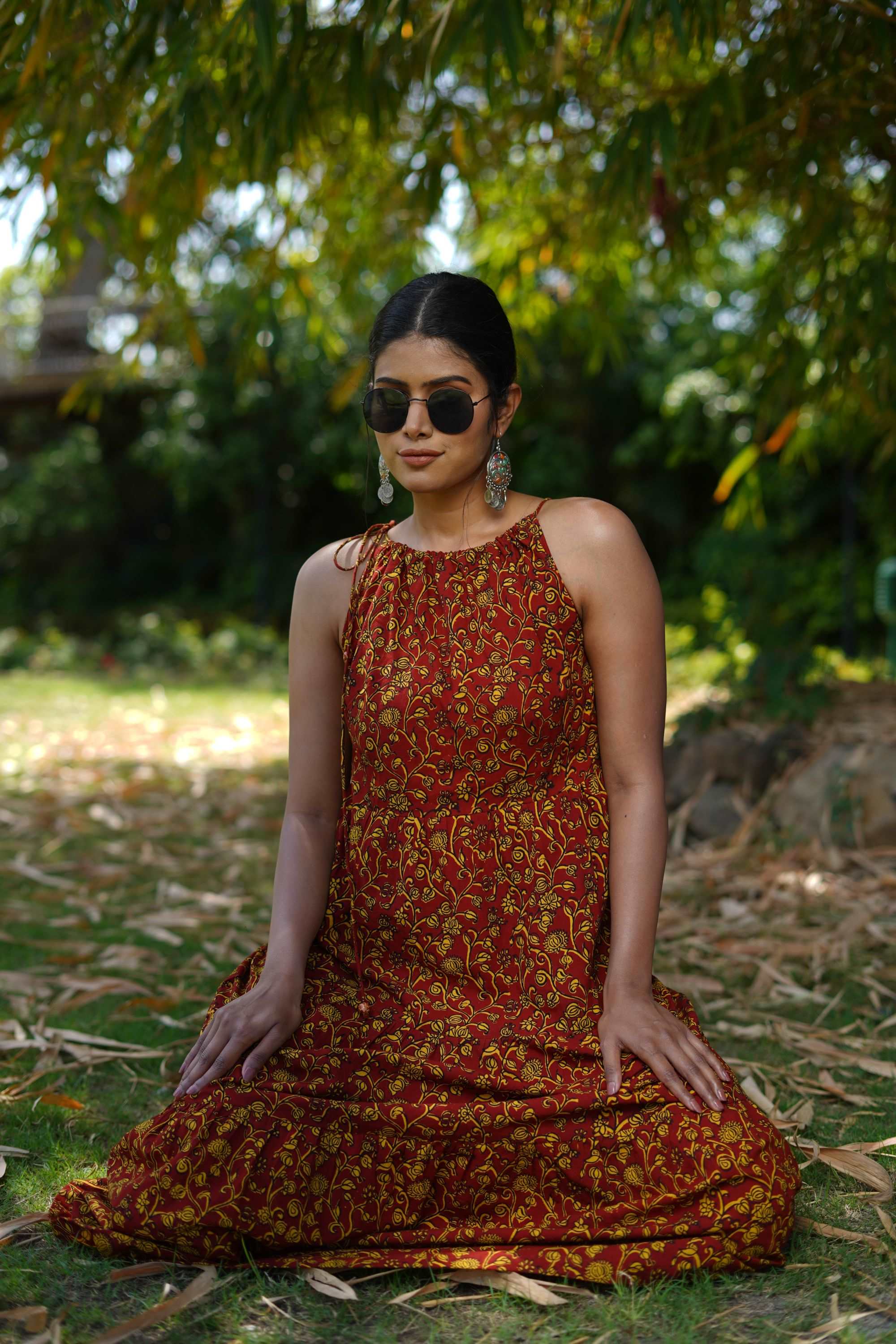 COTTON RED HALTER NECK MAXI DRESS WITH YELLOW BAGH HAND-BLOCK PRINT