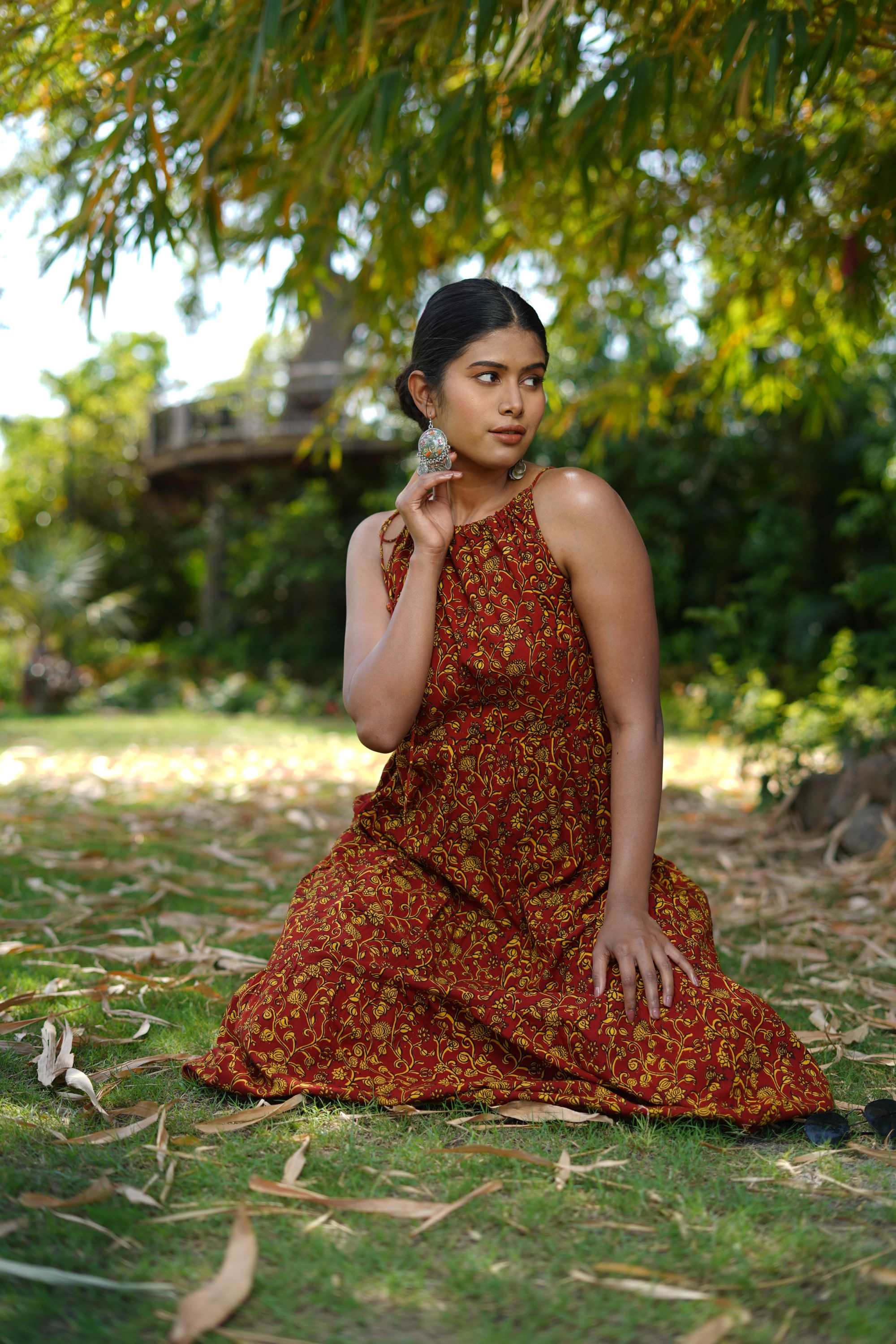 COTTON RED HALTER NECK MAXI DRESS WITH YELLOW BAGH HAND-BLOCK PRINT