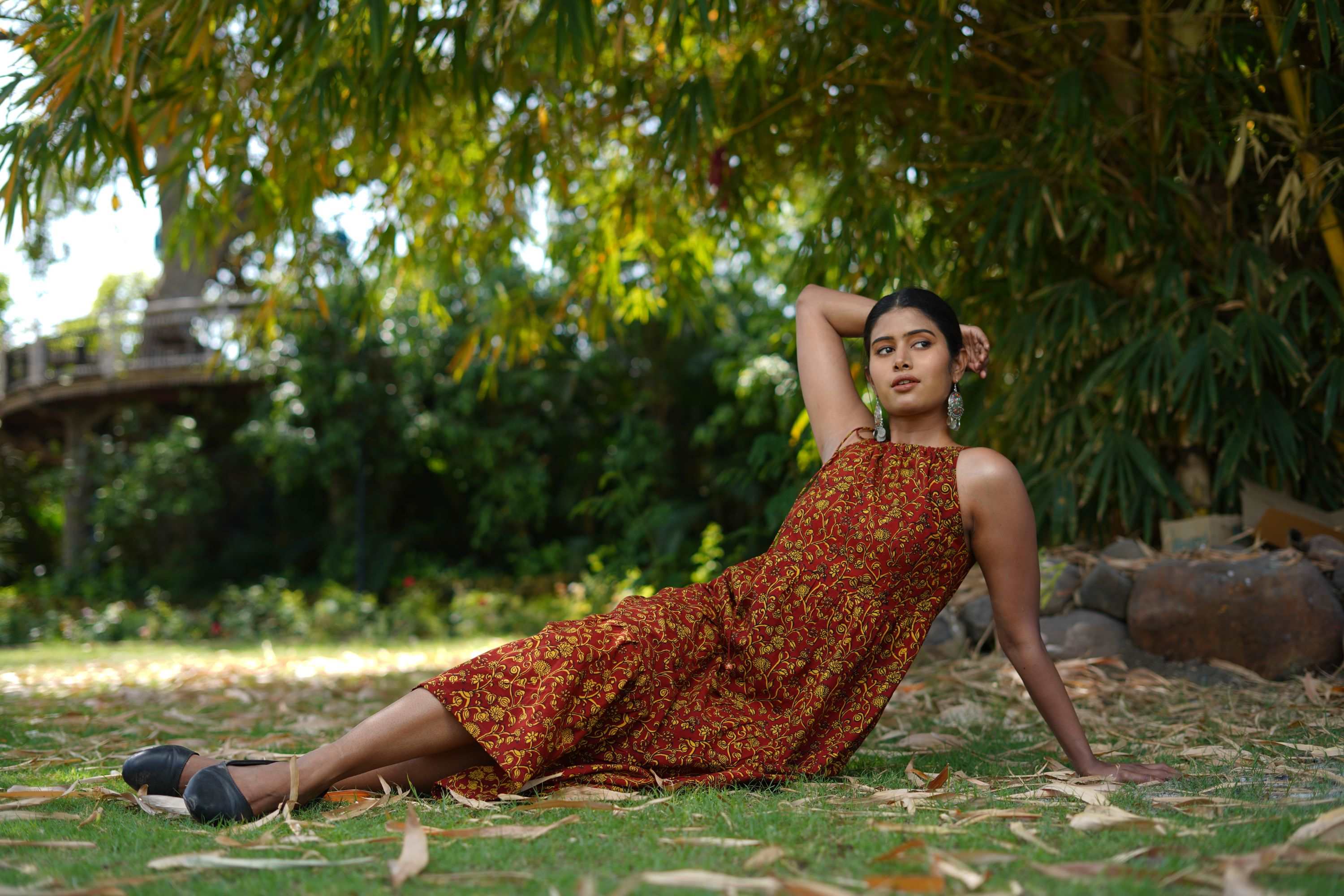 COTTON RED HALTER NECK MAXI DRESS WITH YELLOW BAGH HAND-BLOCK PRINT