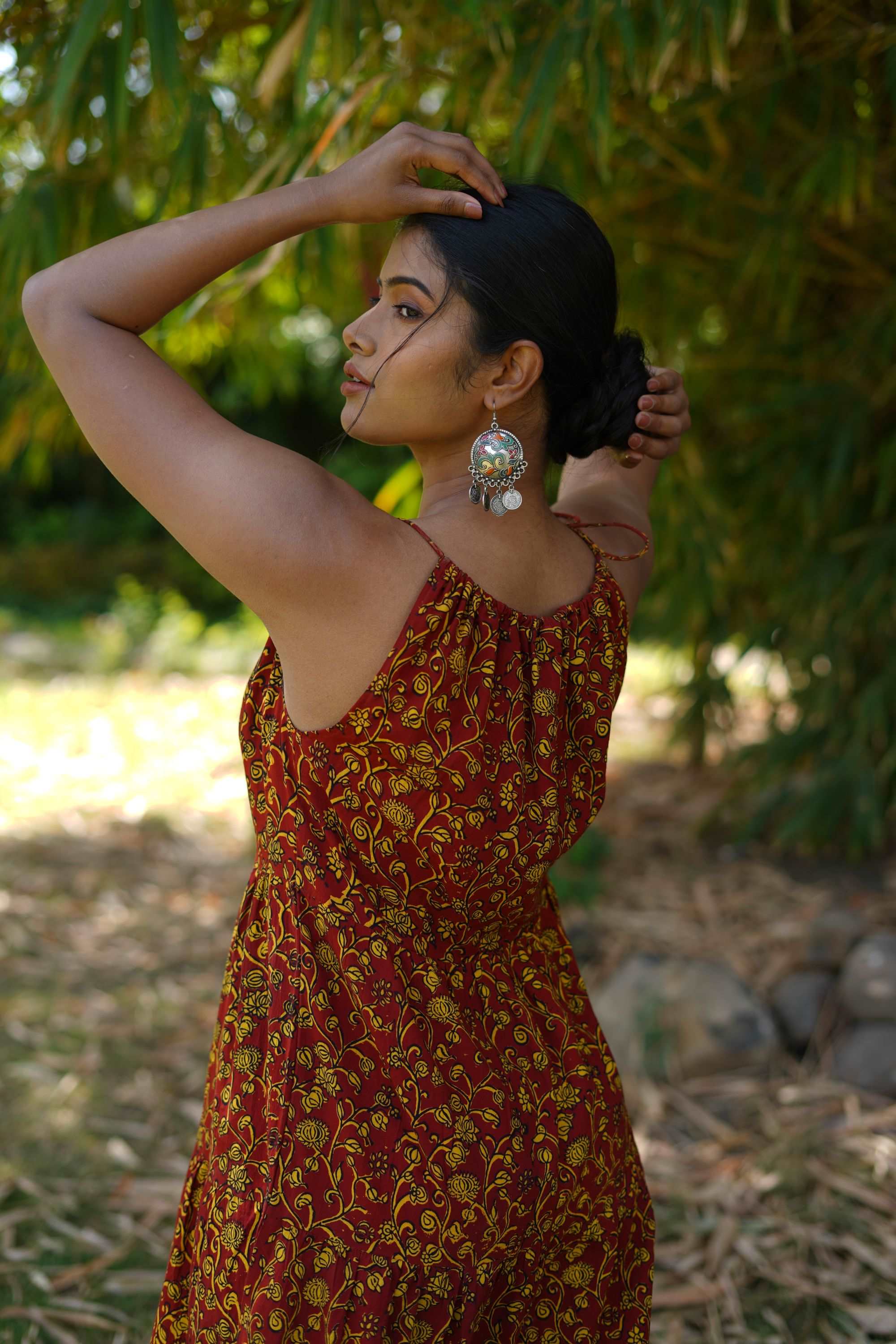 COTTON RED HALTER NECK MAXI DRESS WITH YELLOW BAGH HAND-BLOCK PRINT