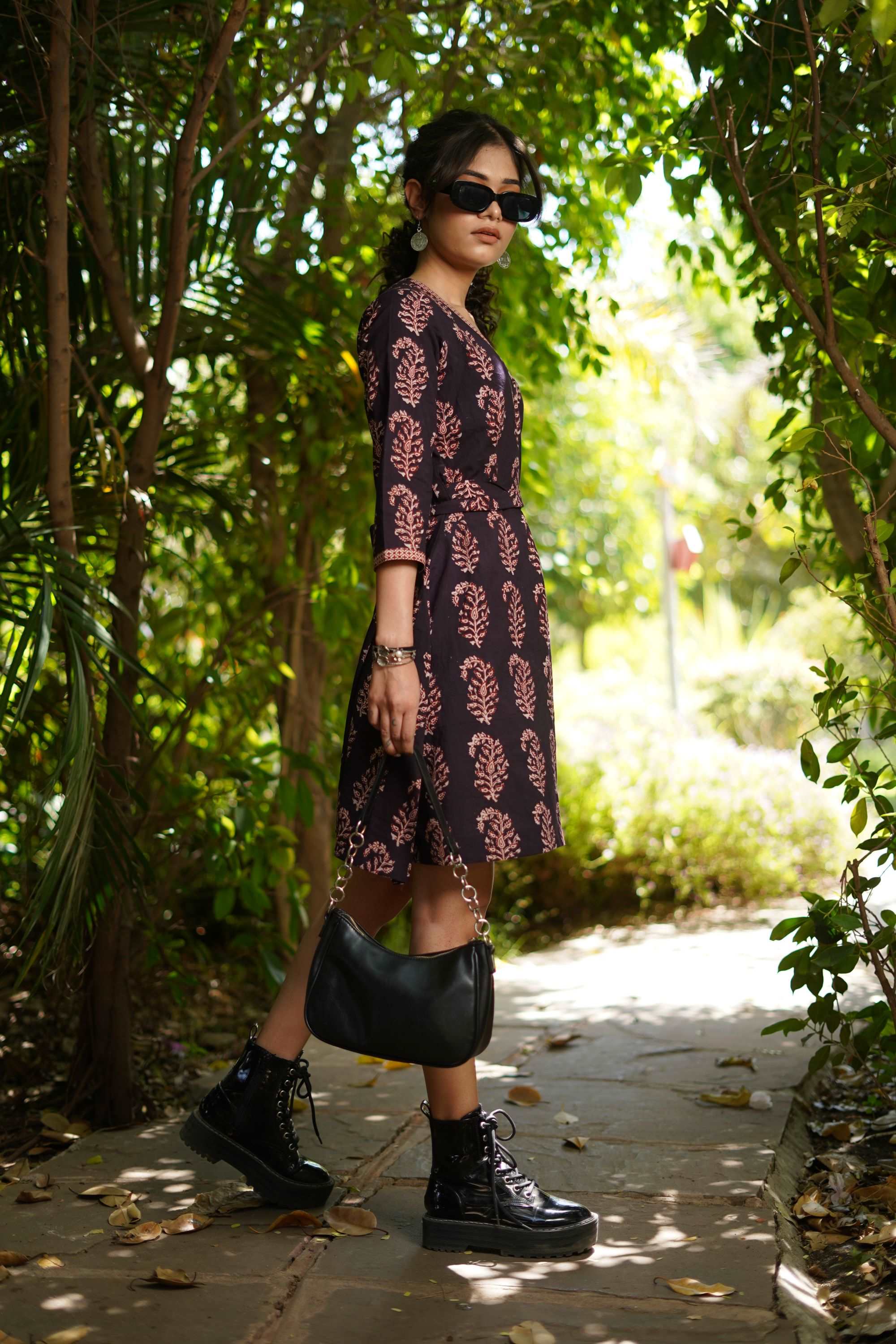 BLACK COTTON WRAP DRESS BAGH HAND-BLOCK PRINT