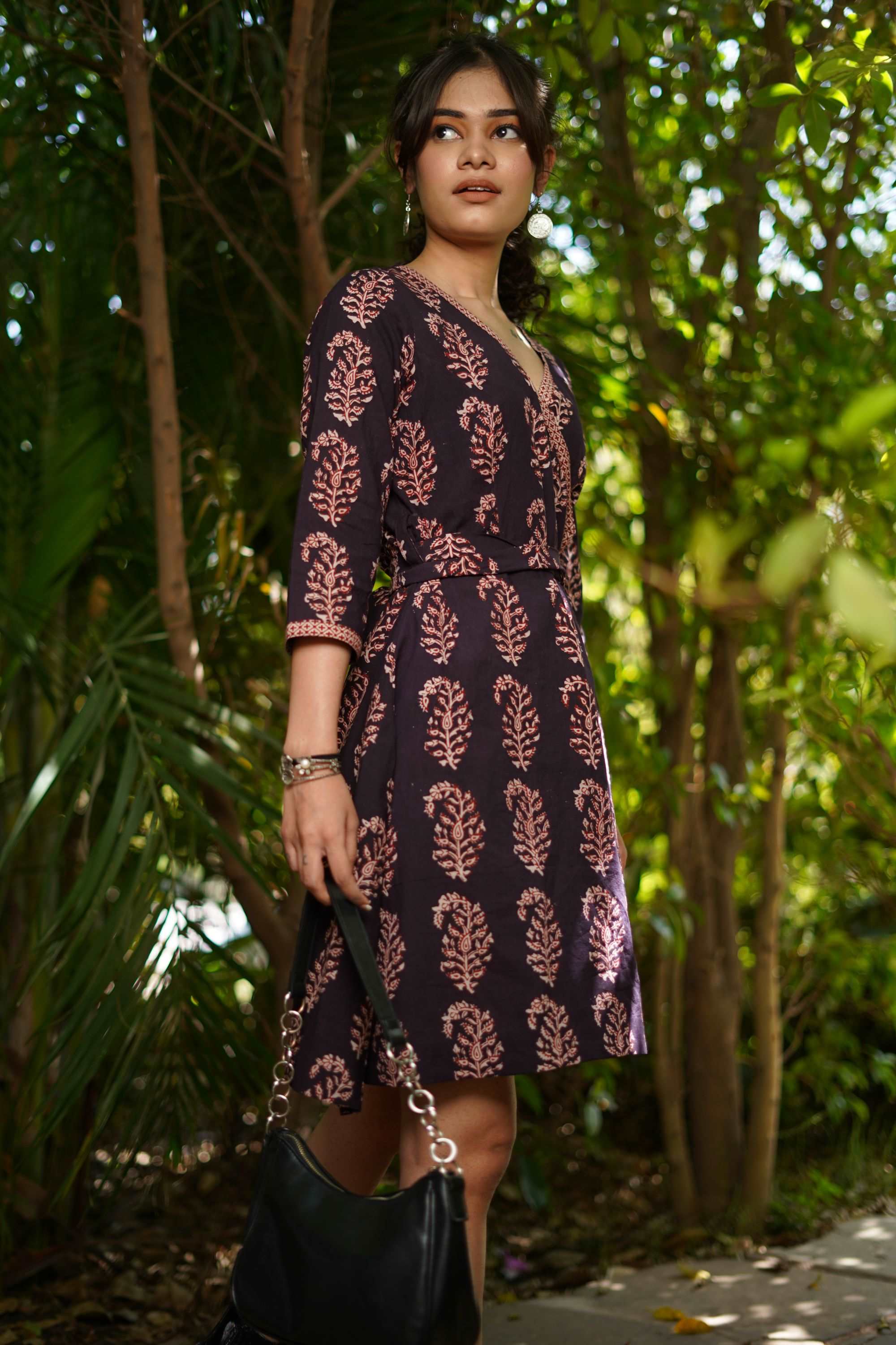 BLACK COTTON WRAP DRESS BAGH HAND-BLOCK PRINT