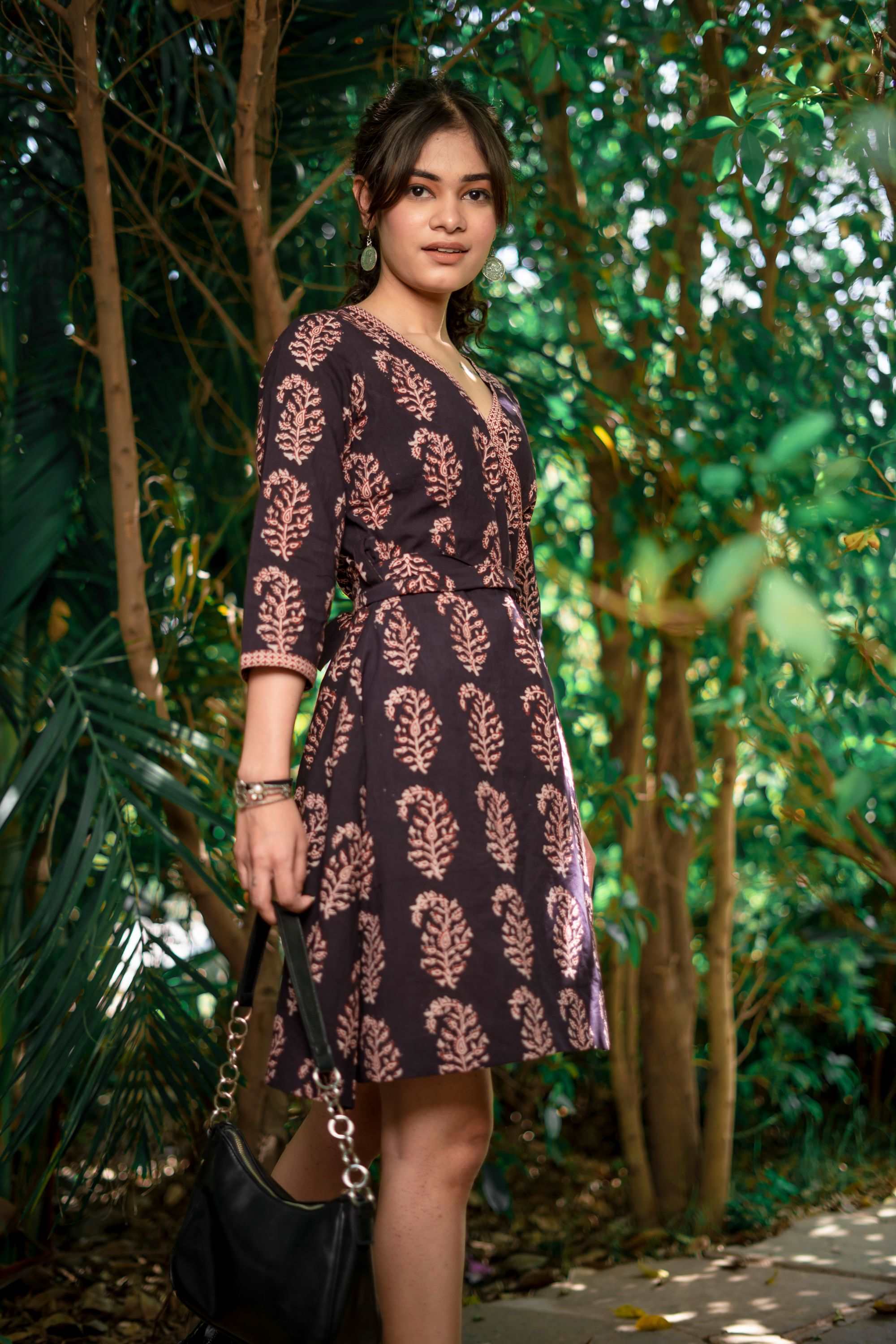 BLACK COTTON WRAP DRESS BAGH HAND-BLOCK PRINT