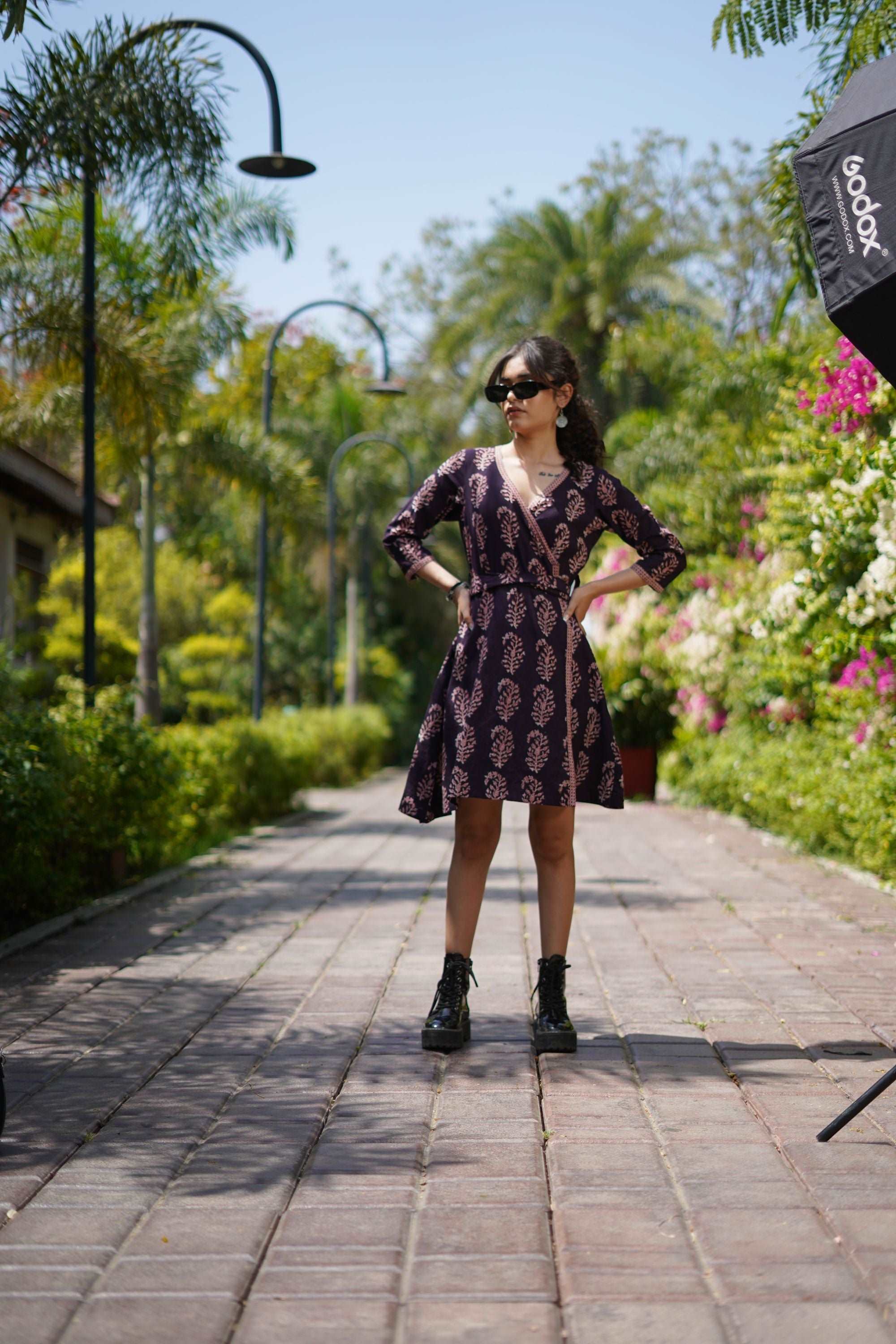 BLACK COTTON WRAP DRESS BAGH HAND-BLOCK PRINT