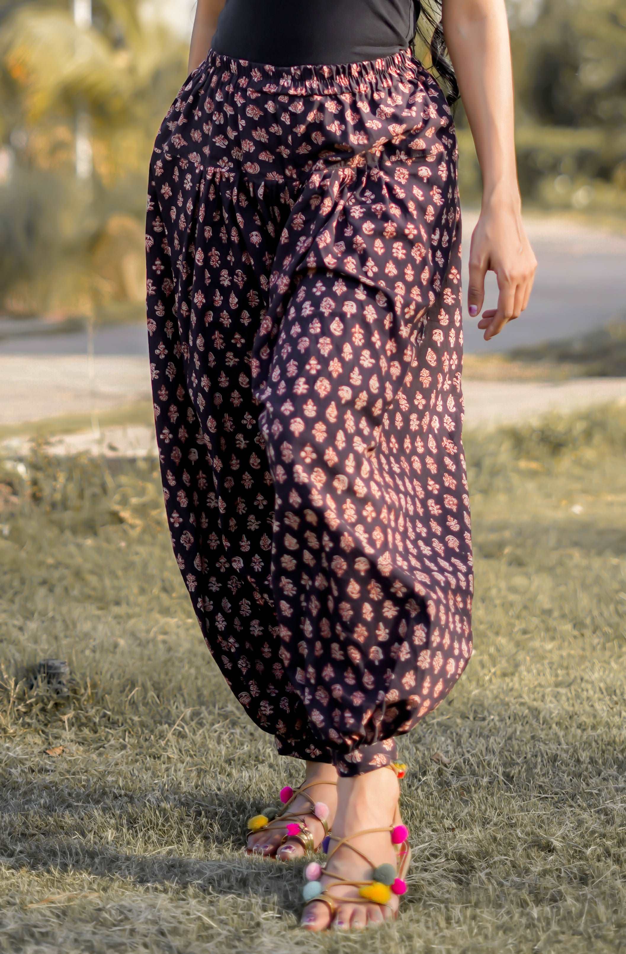 BLACK HARAM CUM DHOTI COTTON PANTS WITH BAGRU HANDBLOCK PRINT