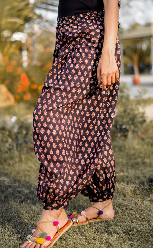 BLACK HARAM CUM DHOTI COTTON PANTS WITH BAGRU HANDBLOCK PRINT
