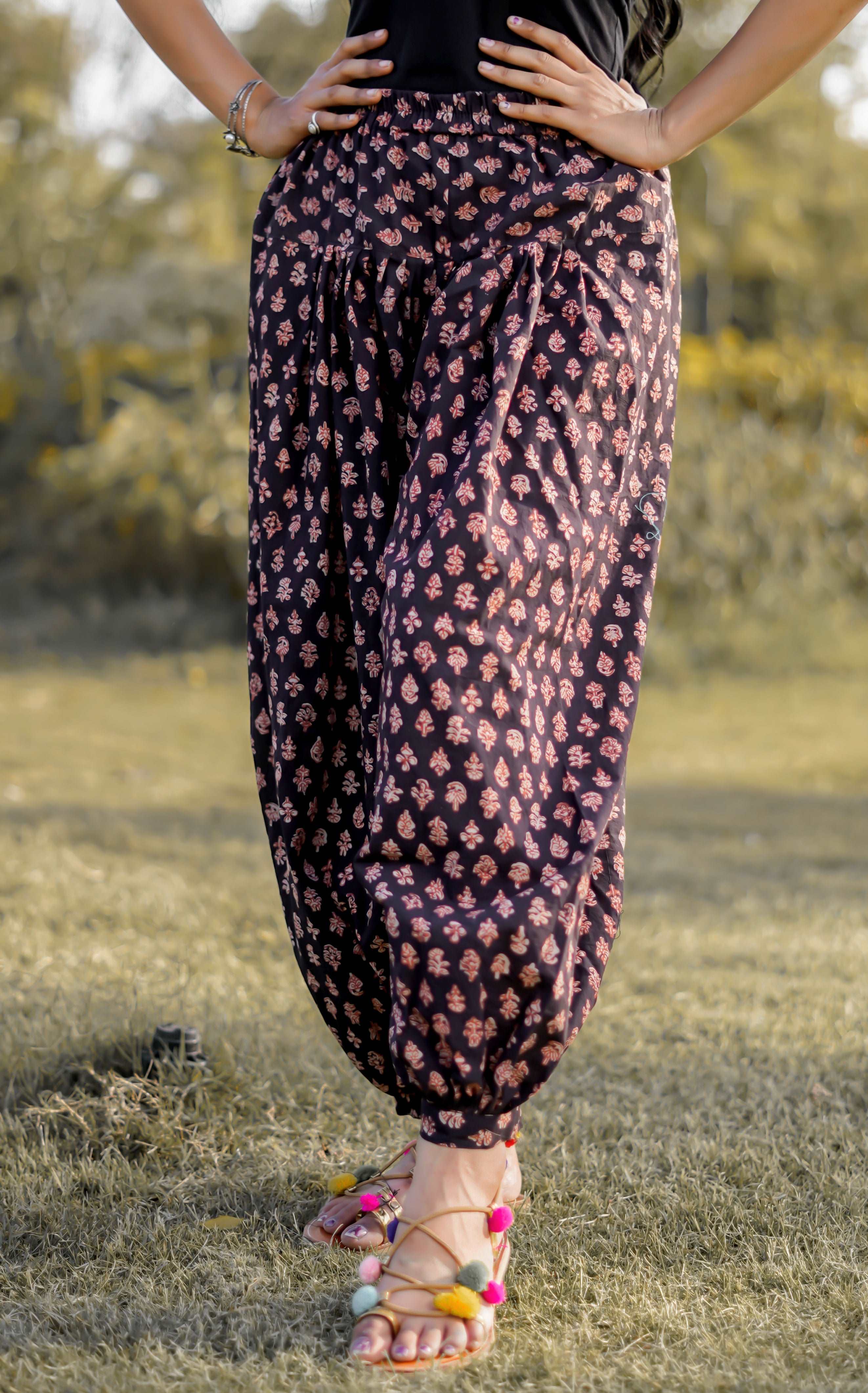 BLACK HARAM CUM DHOTI COTTON PANTS WITH BAGRU HANDBLOCK PRINT